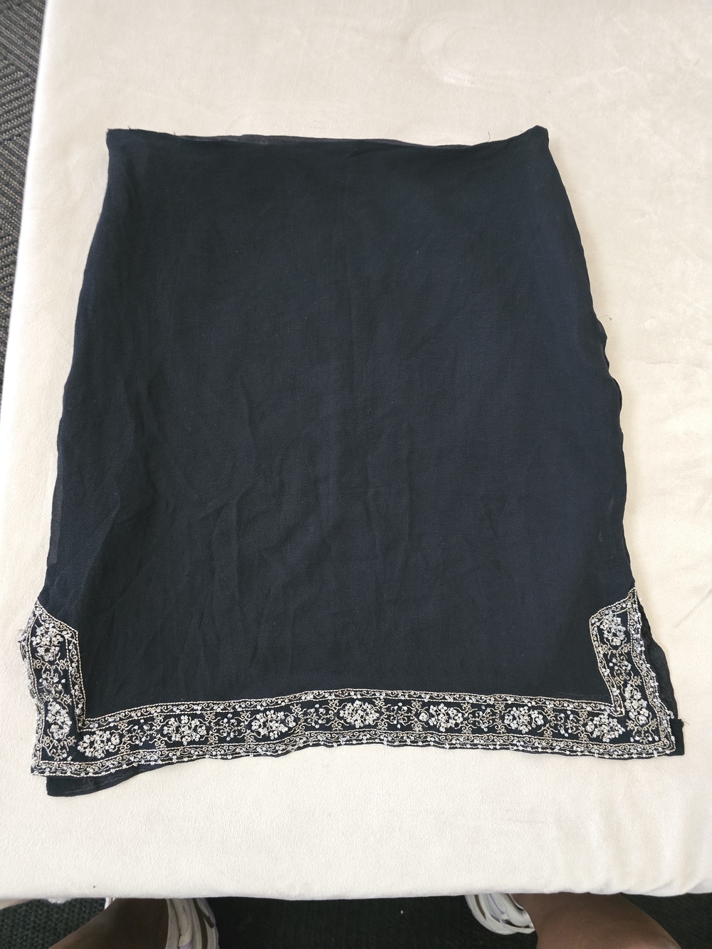 Black Embroidered Silk Skirt with Silver Floral Trim Sz. M